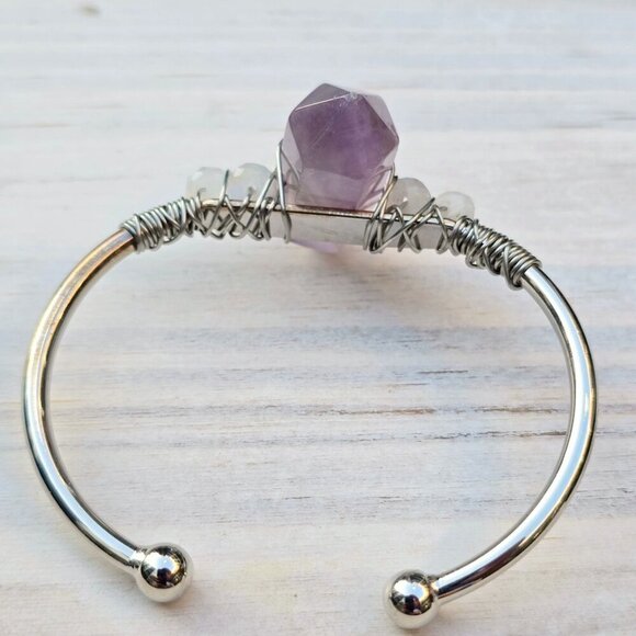 Amethyst & Moonstone ✦ Wire Wrap Cuff ✦ 925 Silver Over Copper w/ Raw Crystal - Picture 10 of 12